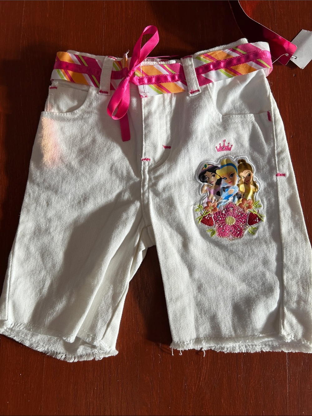 Disney White Girls Shorts with Pink Ribbon Belt and Princess Patch